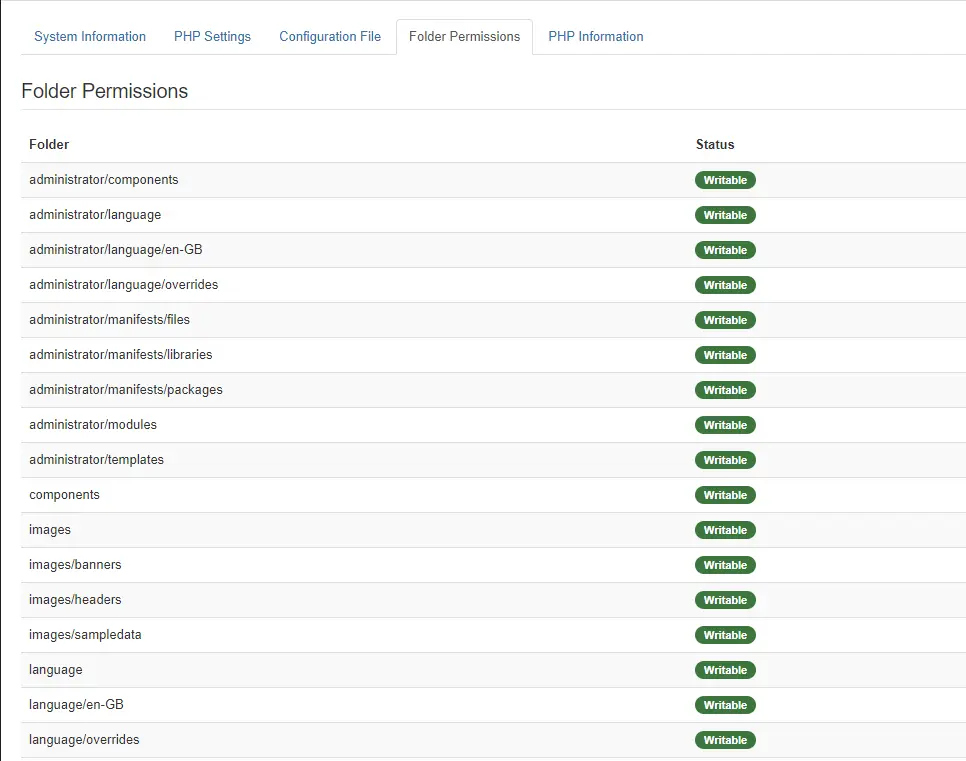 System information folder permissions tab.