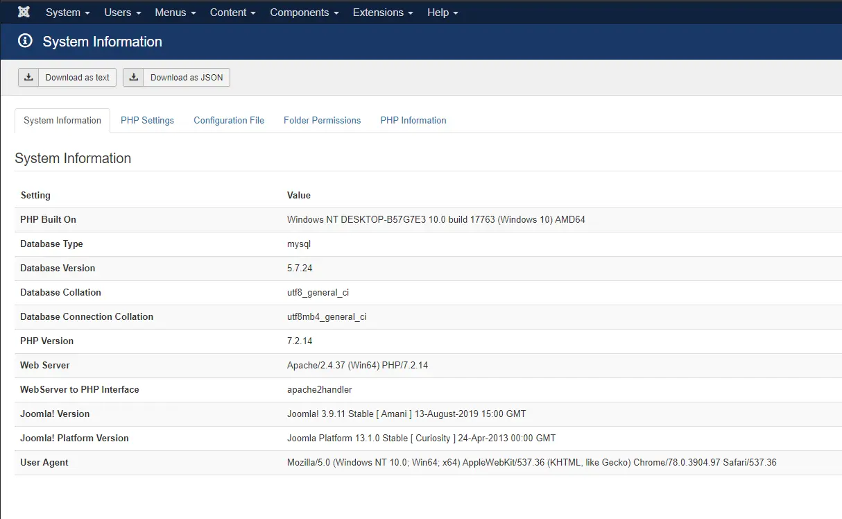 System Information tab in Joomla administrator.