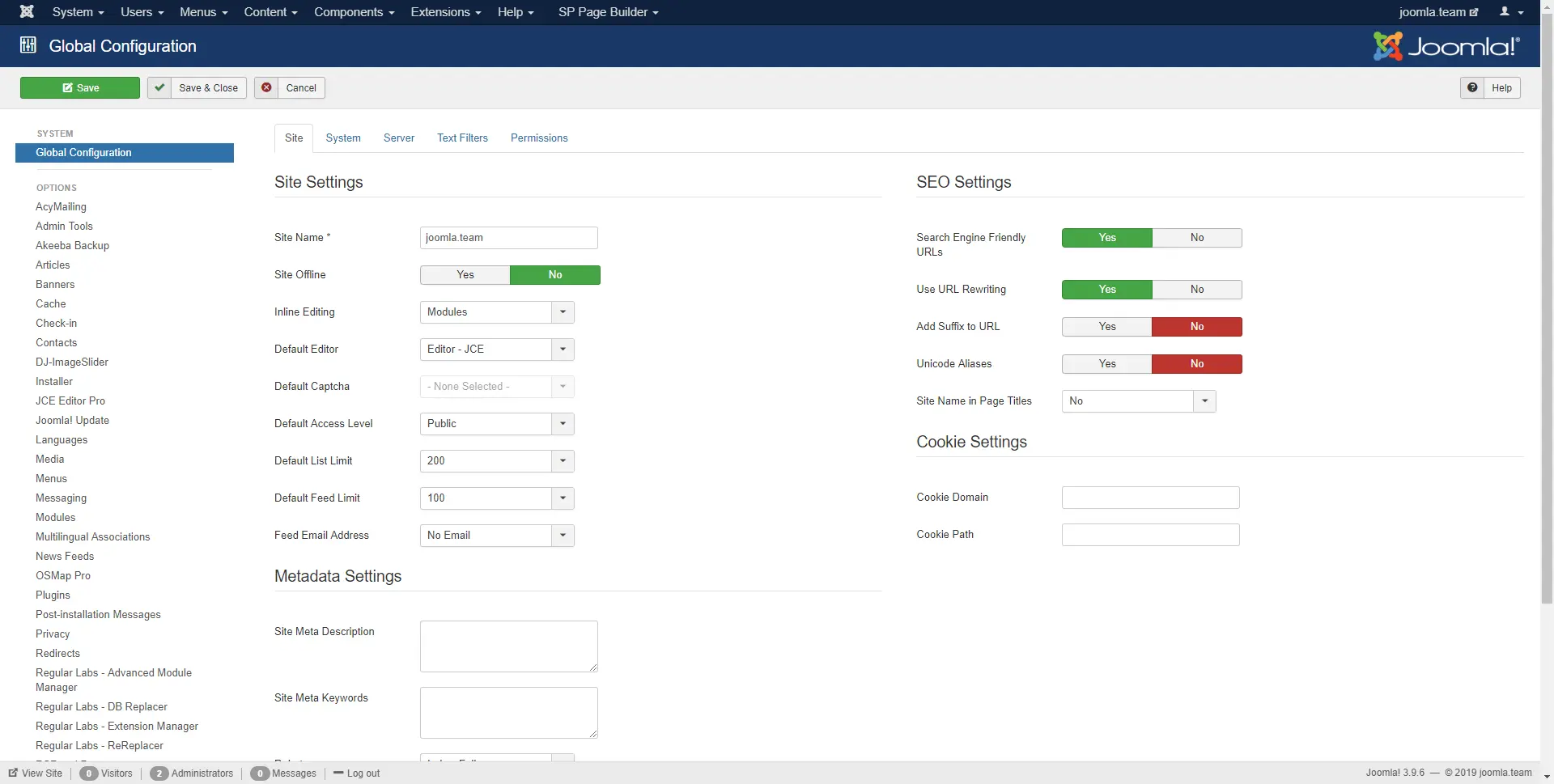 Image of Global configuration tab inside Joomla administrator.