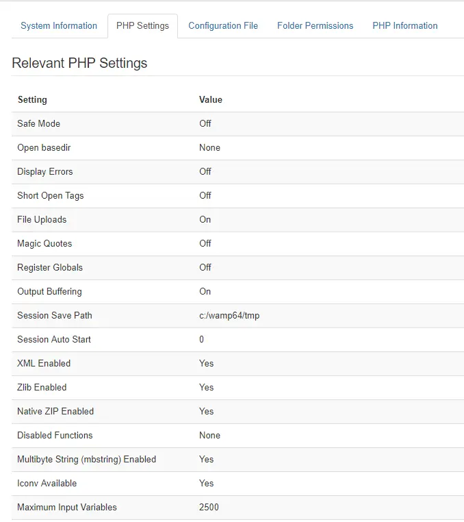 System information PHP settings tab.