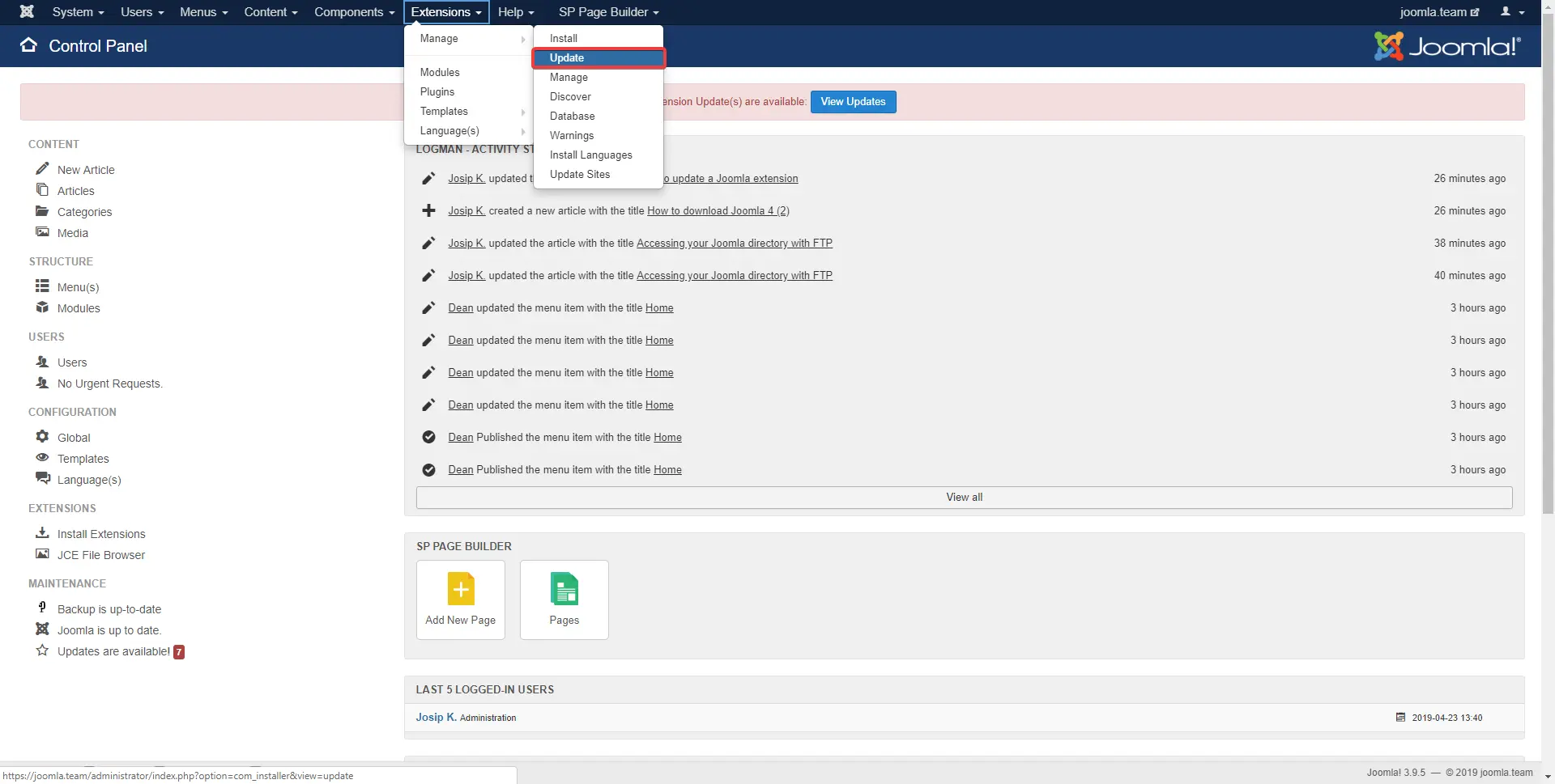 Image showing where to access to Joomla extension update tab.