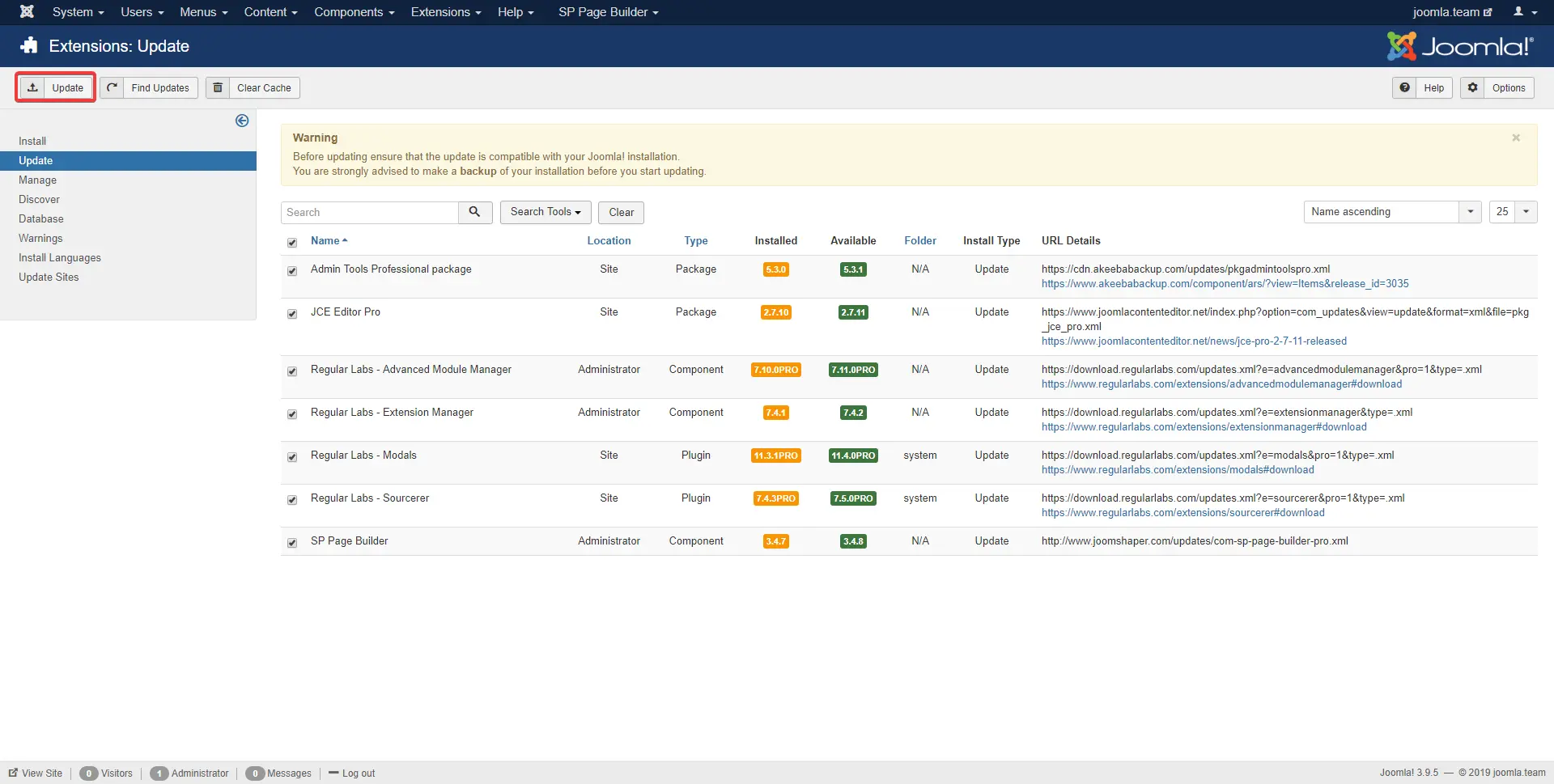 Image showing where is the 'Update' button for extensions inside Joomla administrator.