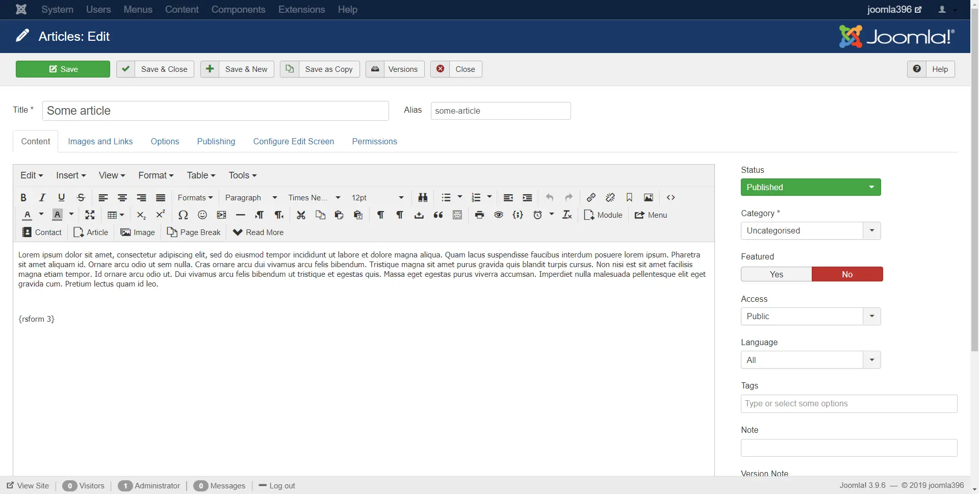 Embeding the form in the article as {rsform id}.