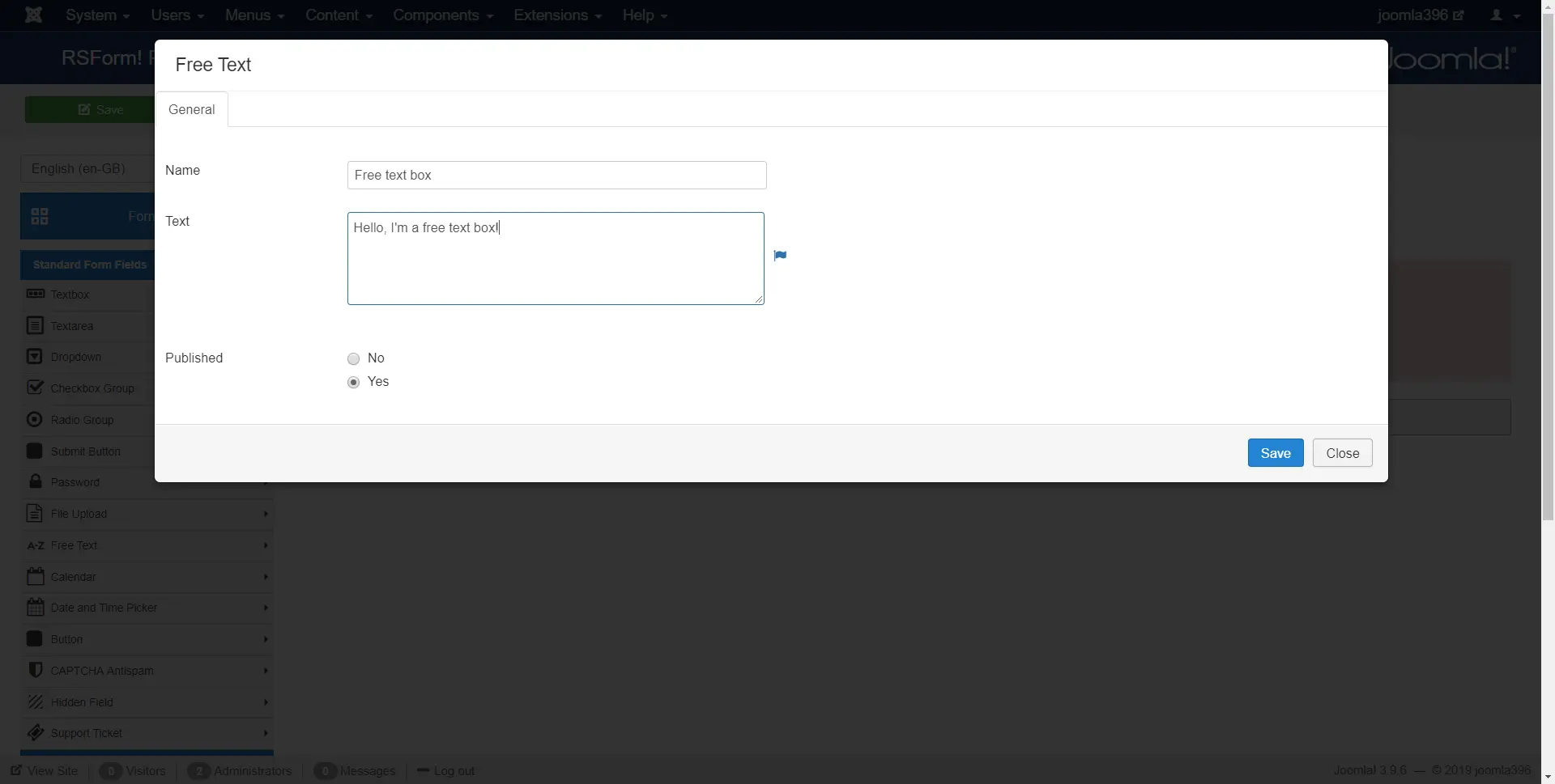 Adding a Free Text field inside RS Forms component.