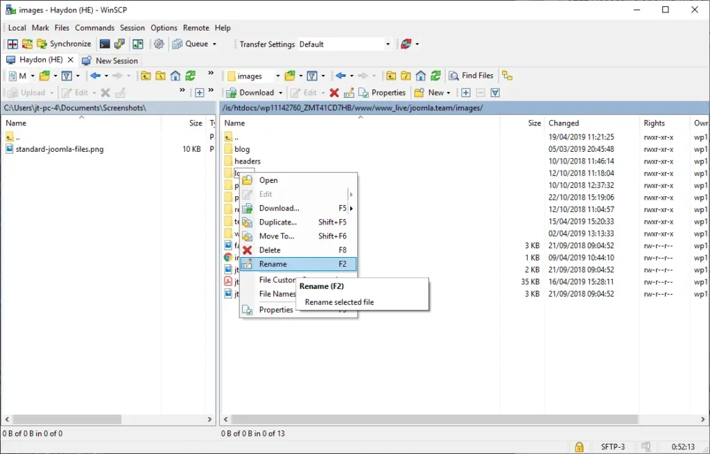 Image of making changes inside WinSCP interface.