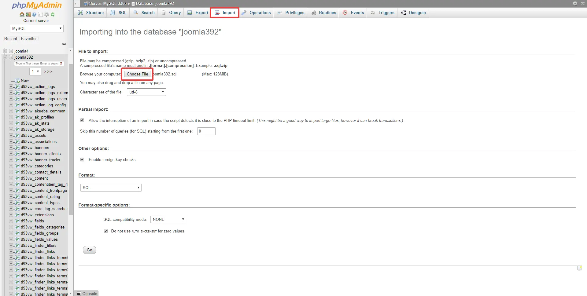 Image from phpmyadmin showing where to import database.