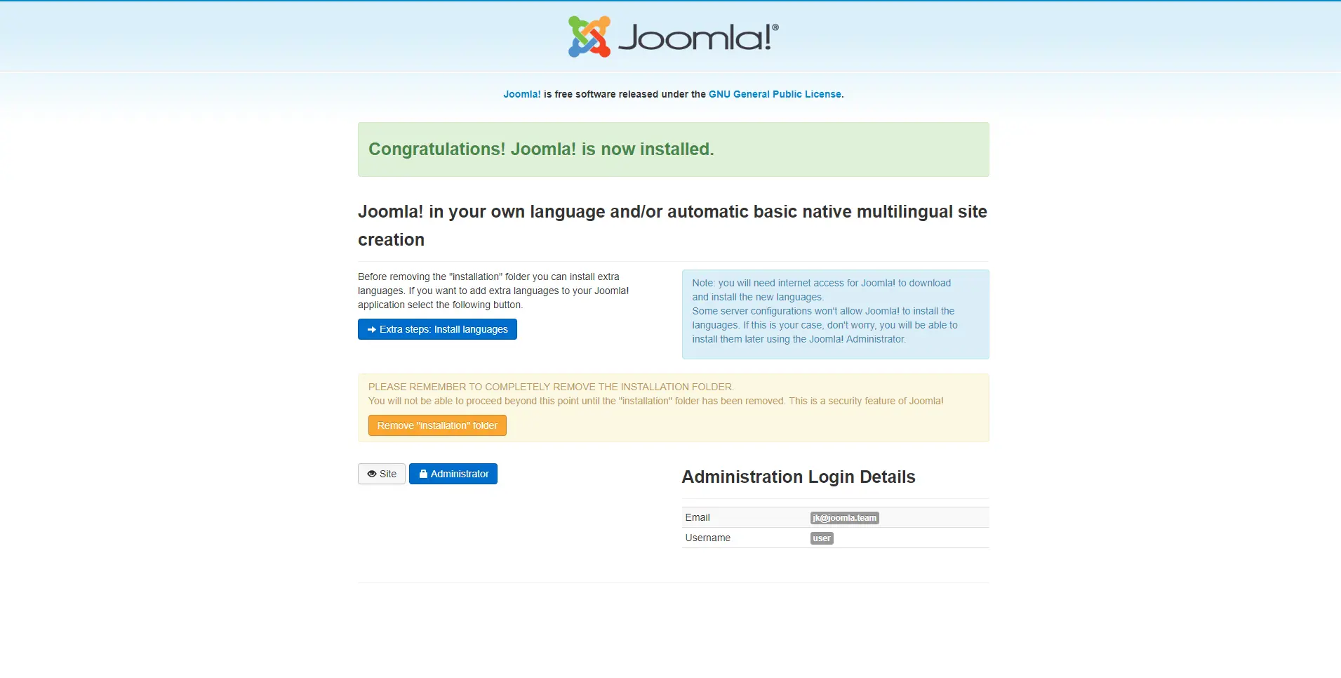 Joomla! installed page.