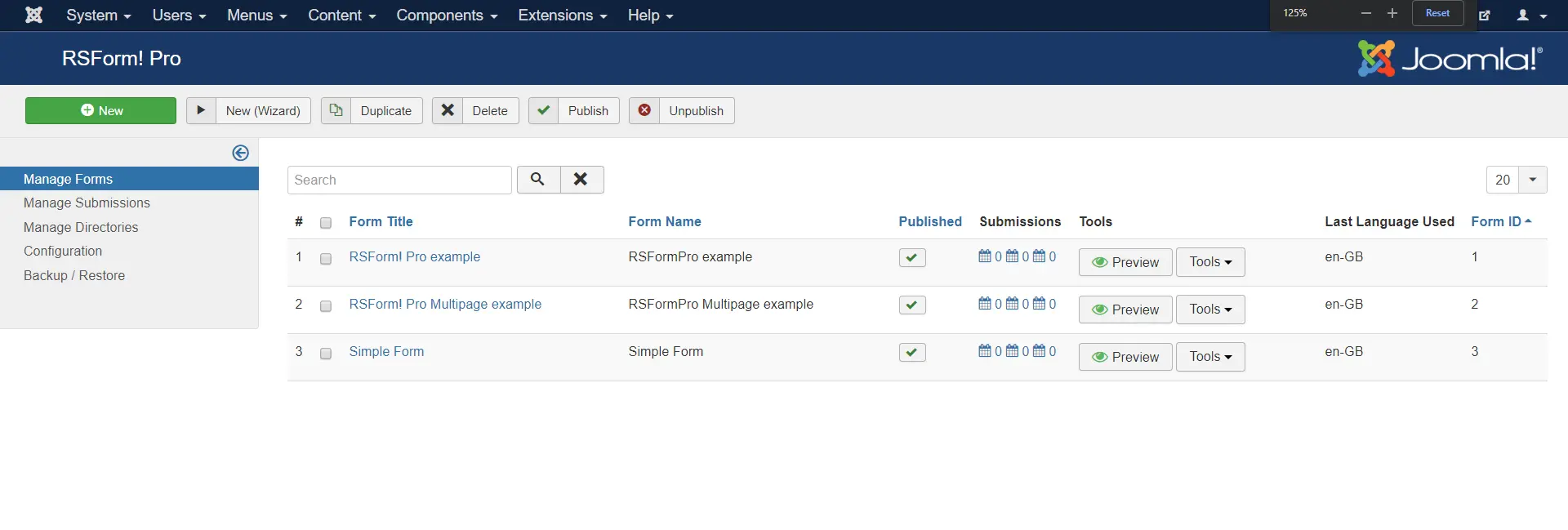 List of forms inside RS Form component.