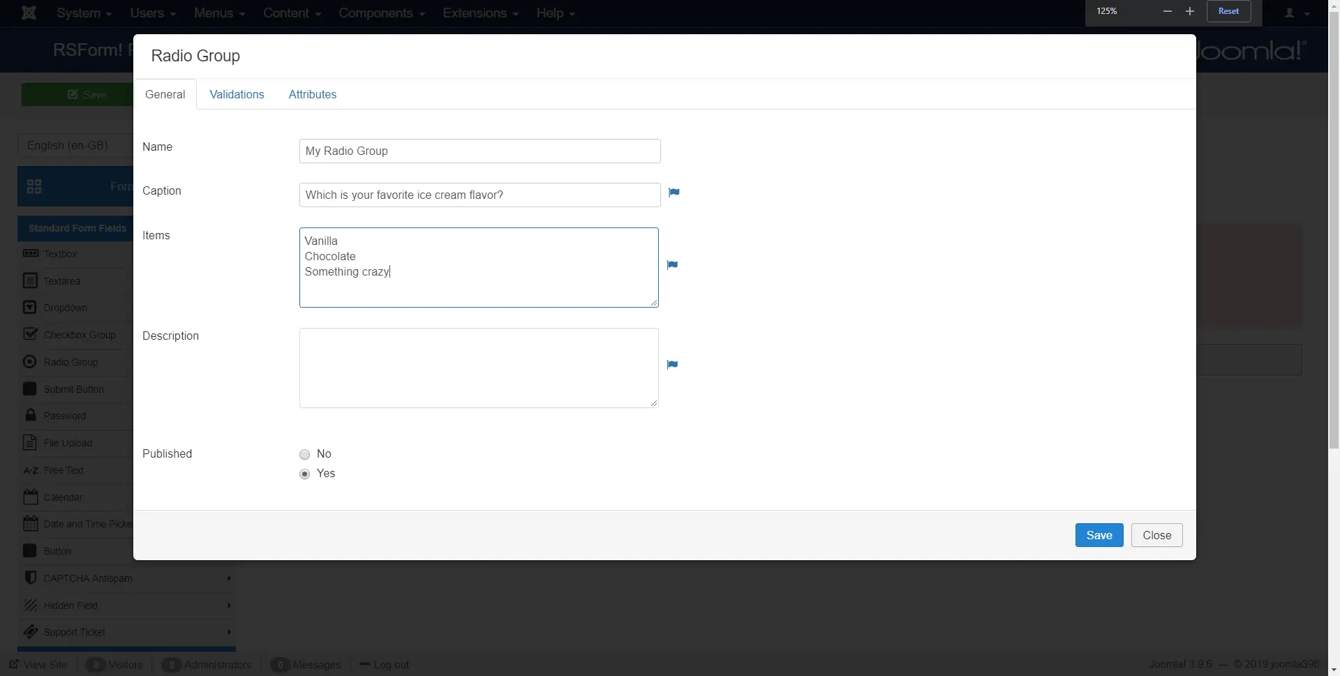 Adding a Radio Group inside RS Forms component.