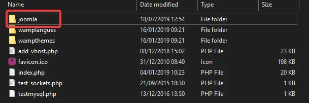 Creation of joomla folder inside the wamp.